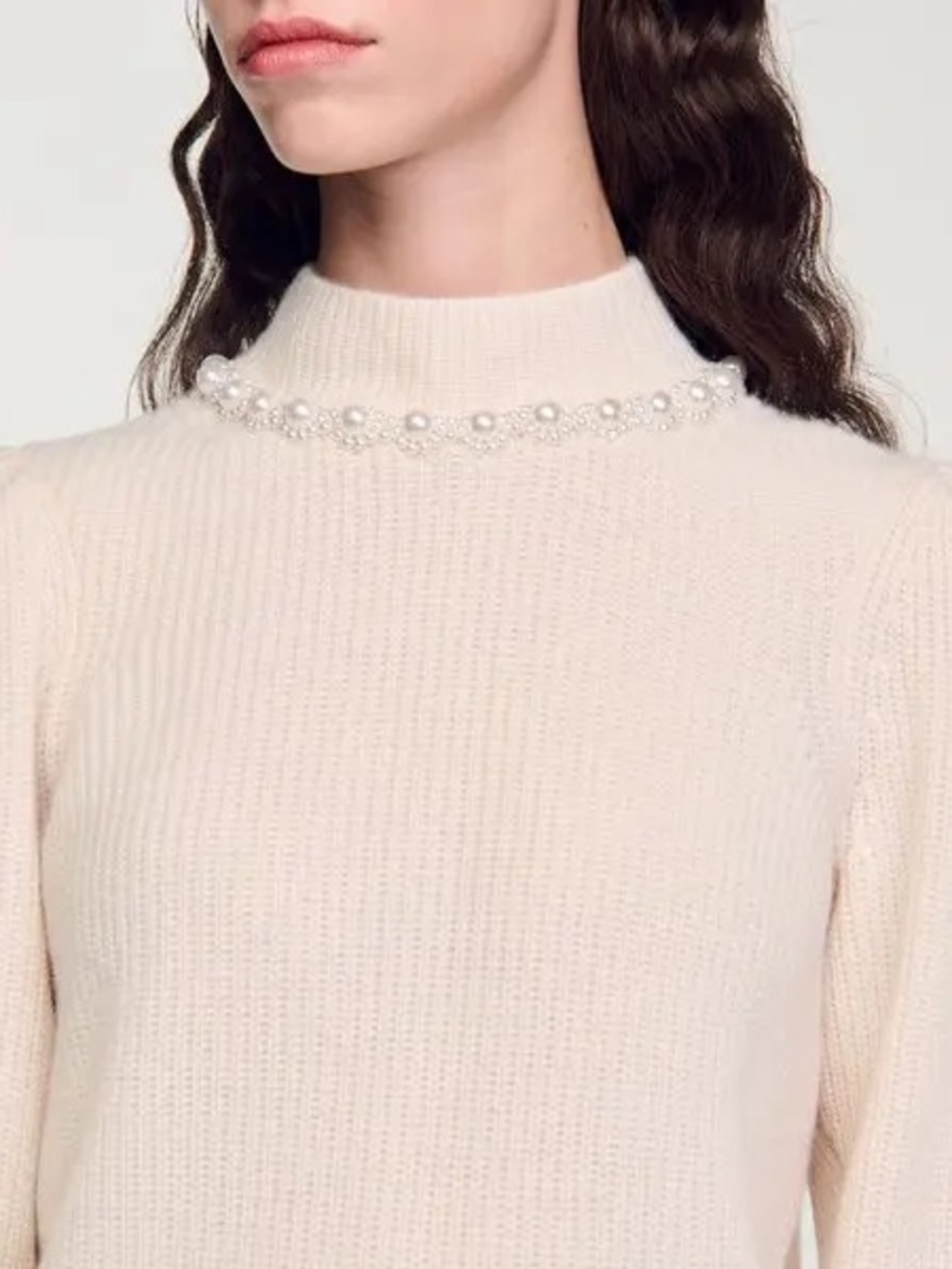 Sandro Cream Knit Turtleneck Sweater with Jeweled Collar
